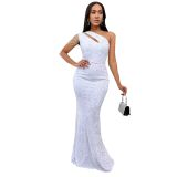 Women Beaded One-Shoulder Solid Backless Mermaid Sequin Dress