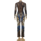 Autumn Women's Fashion Buckle Patchwork Long Sleeve Low Neck Bodycon Dress