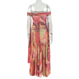 Women's Loose Print Pleated Off Shoulder Holidays Long Dress