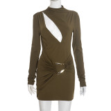 Autumn Winter Women's Solid Color Slim Fit Elegant Hollow Pleated Long Sleeve Mini Dress