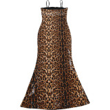 Autumn Winter Women's Fashion Leopard Sequin Lace Patchwork Sexy Strapless Dress
