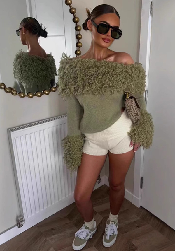 Winter Women's Stylish Slash Shoulder Texture Fringe Knitting Sweater