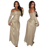 Women's Sexy Off Shoulder Slim Fit Long Sleeve Glossy Long Dress