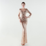 Women's Luxury Sequin Long Sleeve Evening Dress