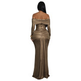 Women's Sexy Off Shoulder Slim Fit Long Sleeve Glossy Long Dress