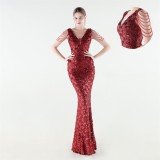 Women Beaded Rhinestone V-Neck Mermaid Evening Dress