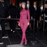 Autumn Winter Women's Fashion Long Sleeve Solid Color Patchwork Bodysuit Top and Pants Set