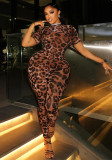 Women's Style Print Street Career Leopard Print Slim Fit Short Sleeve Jumpsuit
