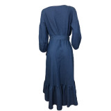 Women Ruffled Lantern Sleeve V-Neck Denim Dress