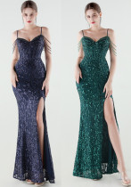 Women's Sequin Beaded Fishbone Slim Waist Evening Dress