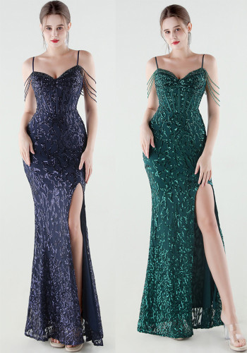 Women's Sequin Beaded Fishbone Slim Waist Evening Dress
