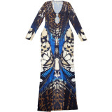 Autumn Women's Fashion Buckle Patchwork Long Sleeve Low Neck Bodycon Dress