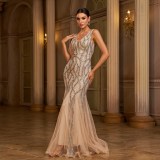 Women's Sleeveless V-Neck Formal Party Sequin Mesh Mermaid Dress