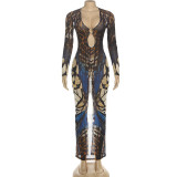 Autumn Women's Fashion Buckle Patchwork Long Sleeve Low Neck Bodycon Dress