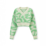 Autumn Women's Fashion Sweet Color Block Low Cut V-Neck High Waist Knitting Top