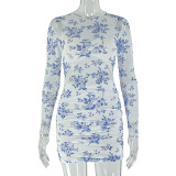 Women Elegant Sexy Printed Ruched Round Neck Long-Sleeve Bodycon Dress