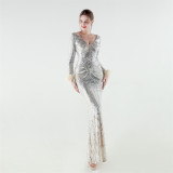 Women's Luxury Sequin Long Sleeve Evening Dress