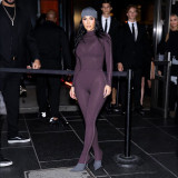 Autumn Winter Women's Fashion Long Sleeve Solid Color Patchwork Bodysuit Top and Pants Set