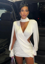 Autumn Winter Women's Solid Color Hollow Long Sleeve Sexy Deep V-Neck Open Waist Bodycon Dress