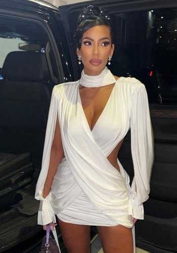 Autumn Winter Women's Solid Color Hollow Long Sleeve Sexy Deep V-Neck Open Waist Bodycon Dress