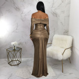 Women's Sexy Off Shoulder Slim Fit Long Sleeve Glossy Long Dress