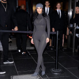 Autumn Winter Women's Fashion Long Sleeve Solid Color Patchwork Bodysuit Top and Pants Set