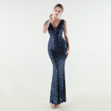 Women Beaded Rhinestone V-Neck Mermaid Evening Dress