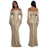 Women's Sexy Off Shoulder Slim Fit Long Sleeve Glossy Long Dress