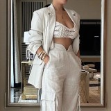 Women Beige Pocket Blazer with Sash Trousers Two-Piece Set