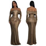 Women's Sexy Off Shoulder Slim Fit Long Sleeve Glossy Long Dress
