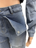 Autumn Women's Fashion Sexy Stretch Multi-Pocket Washed Denim Casual Pants Set