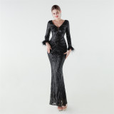 Women's Luxury Sequin Long Sleeve Evening Dress