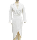 Autumn Winter Women's Chic Turndown Collar Slim Waist Long Sleeve Irregular Dress