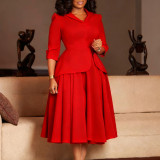 Autumn Women's 3/4 Sleeves Turndown Collar Plus Size African Dress