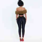 Autumn Winter Women's Style Sexy Fur Collar Patchwork Off Shoulder Crop Pants Set