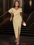 Lantern Sleeve V-Neck Dress Formal Black Party Gown