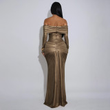 Women's Sexy Off Shoulder Slim Fit Long Sleeve Glossy Long Dress