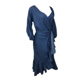 Women Ruffled Lantern Sleeve V-Neck Denim Dress