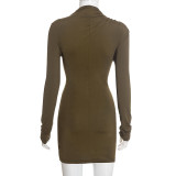 Autumn Winter Women's Solid Color Slim Fit Elegant Hollow Pleated Long Sleeve Mini Dress