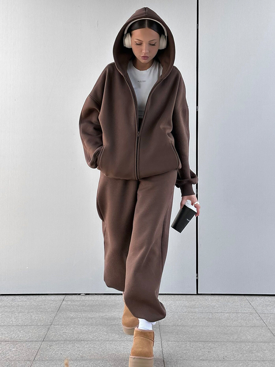 Women Solid Hoodies and Cuffed Pants Two-Piece Set