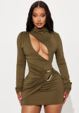 Autumn Winter Women's Solid Color Slim Fit Elegant Hollow Pleated Long Sleeve Mini Dress