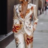 Women Printed Long-Sleeve Blazer and Pants Two-Piece Set