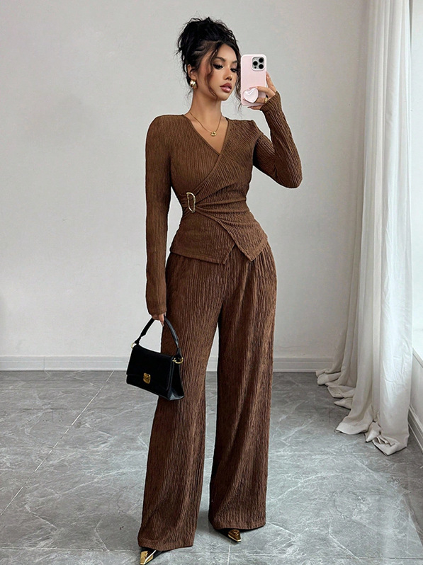 Women's Solid Color V-neck Long Sleeve Casual Two Piece Pants Set