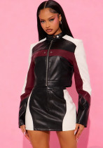 Women's Fashion Leather Patchwork Short Skirt Jacket Set