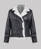 Winter Women's Plush Turndown Collar Pu Leather Fur Coat