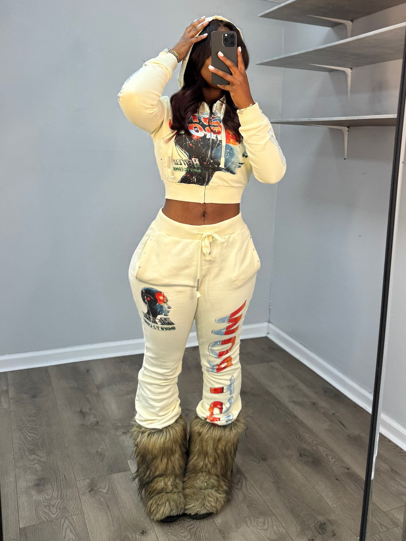 Women's American Letter Sexy Hooded Jacket and Pants Set