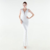 Women Beaded Rhinestone V-Neck Mermaid Evening Dress