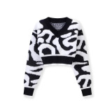 Autumn Women's Fashion Sweet Color Block Low Cut V-Neck High Waist Knitting Top