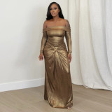Women's Sexy Off Shoulder Slim Fit Long Sleeve Glossy Long Dress