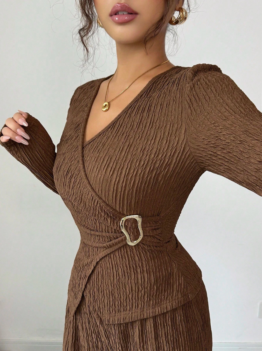 Women's Solid Color V-neck Long Sleeve Casual Two Piece Pants Set